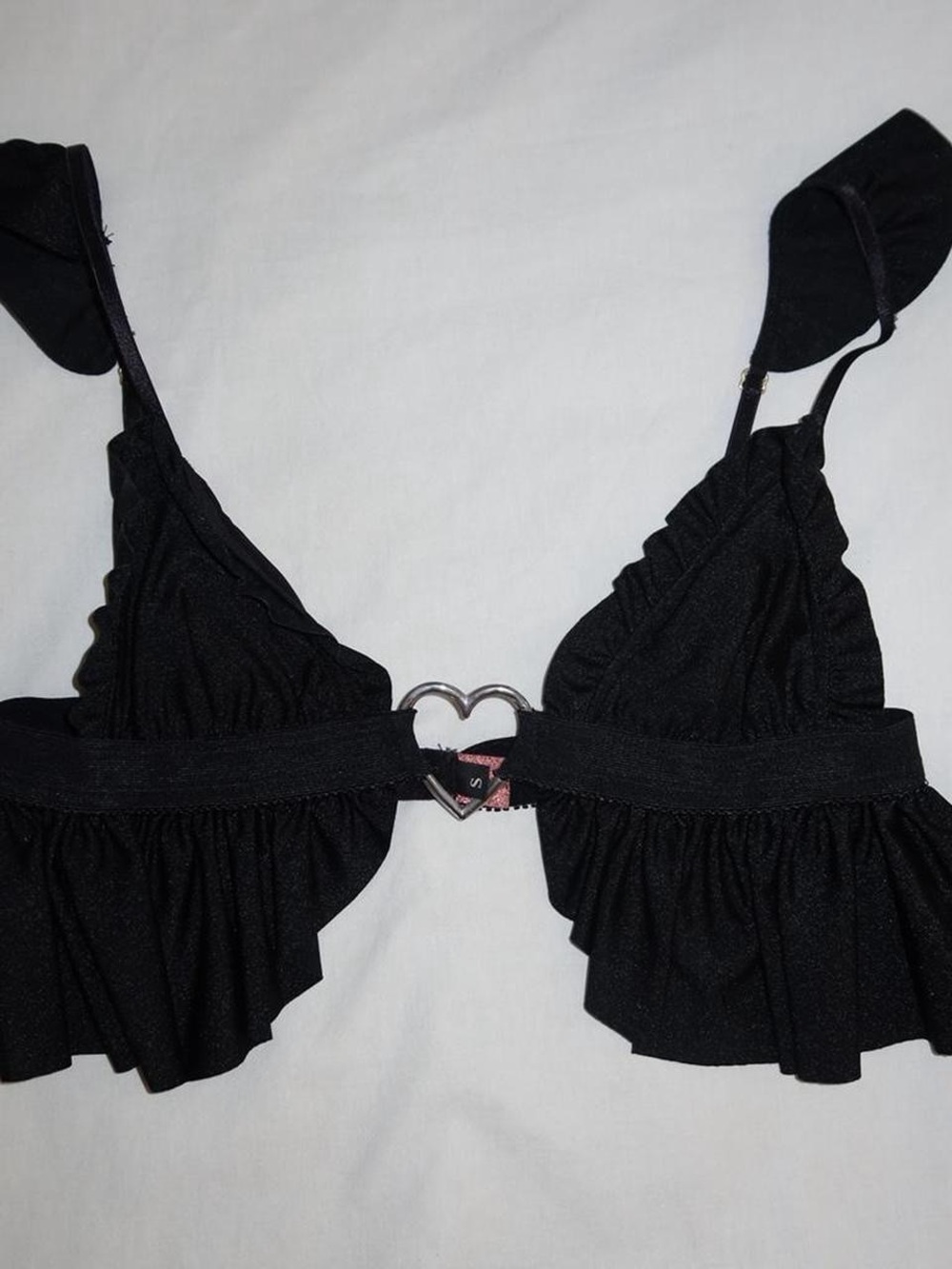 East West Label Black Ruffle Heart-Front Bralette